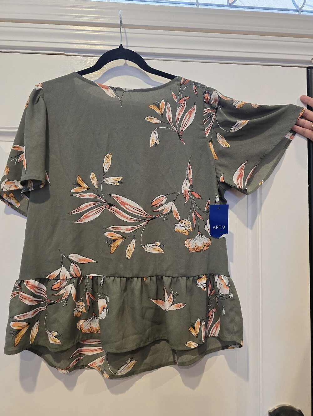 Apt. 9 Olive Green Floral Peplum Blouse, Size L NWT